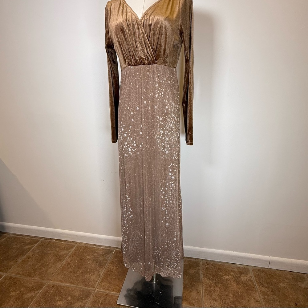 New! Long Sleeve V-Neck Brown Velvet Bodice Full Length Dress Women’s Small - Picture 4 of 12
